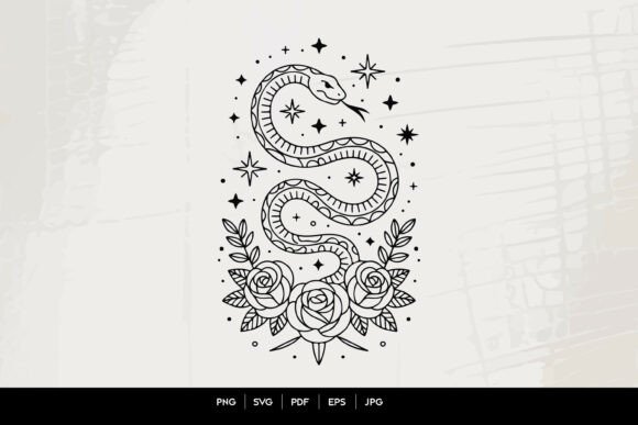 Download Mystic Snake and Roses Line Art SVG - Snake Collection
