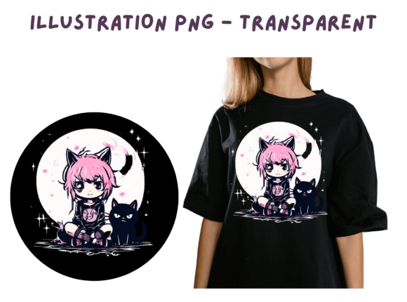 Download Anime Girl with Moon and Cat /fille Chat - Chat Collection